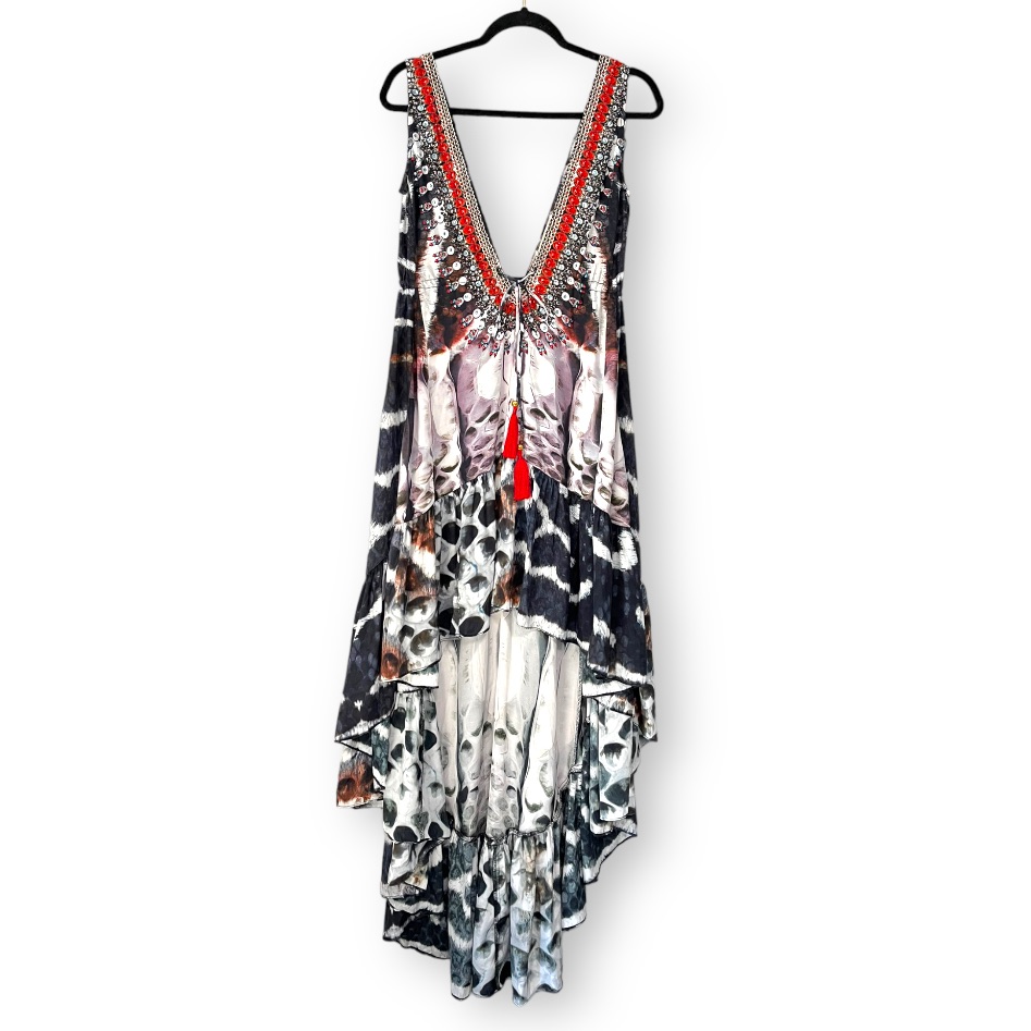 La Moda True Colours Brown Cream Silky Safari Print Hi Low Ruffled Dress